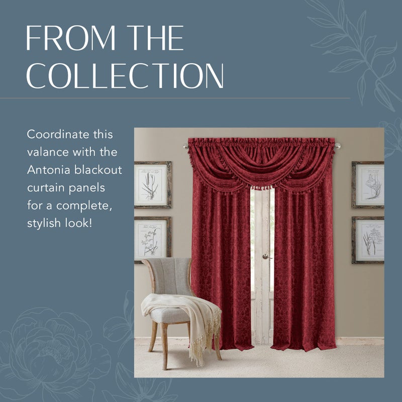 Elrene Home Fashions Antonia Floral Damask Waterfall Window Valance with Tassels, 52"x36", Rouge - Image 5